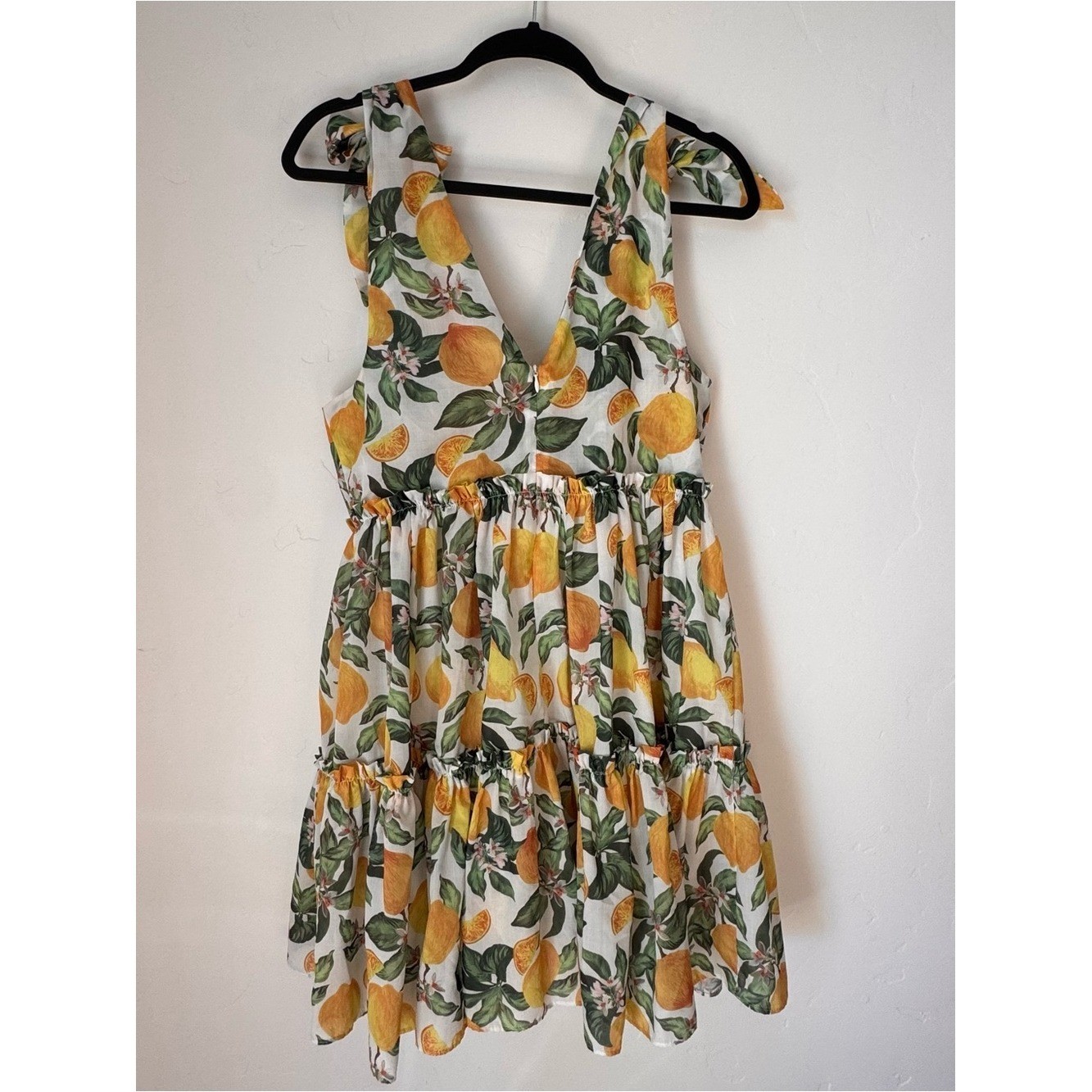 English Factory Lemon Floral Printed Tie Shoulder Tiered Ruffle Dress M Retro