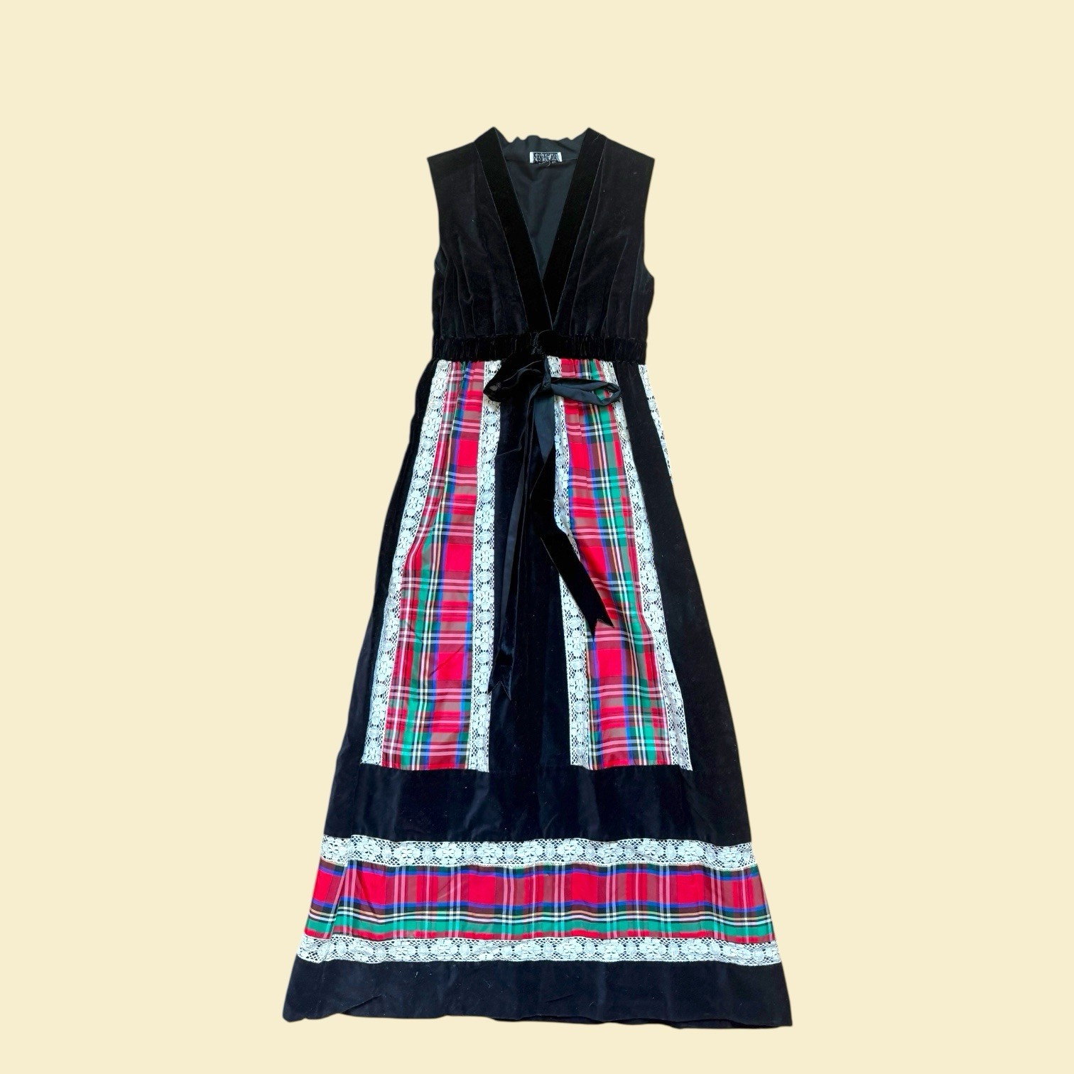 Vintage Tartan Red & Black Velvet Maxi Dress Empire Waist Mr. Hank 60s