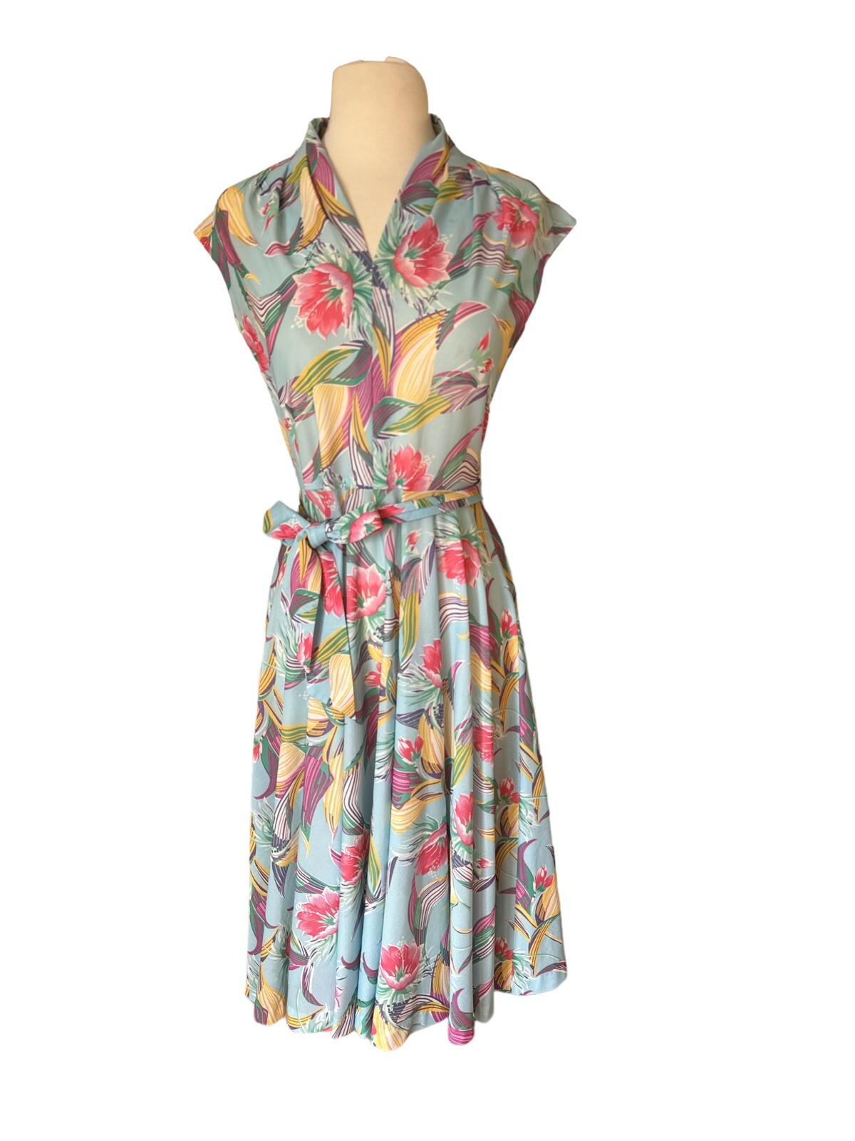 Vtg 70’s Blue Floral Sheer Dress Belted Size 4/6 ? Tie Waist 26” Pink Spring S/M
