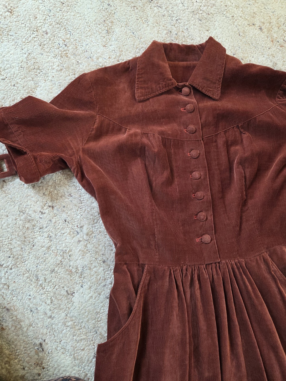 Vintage Brown Corderoy Dress, Covered Buttons, S/M, Full Skirt, matching belt