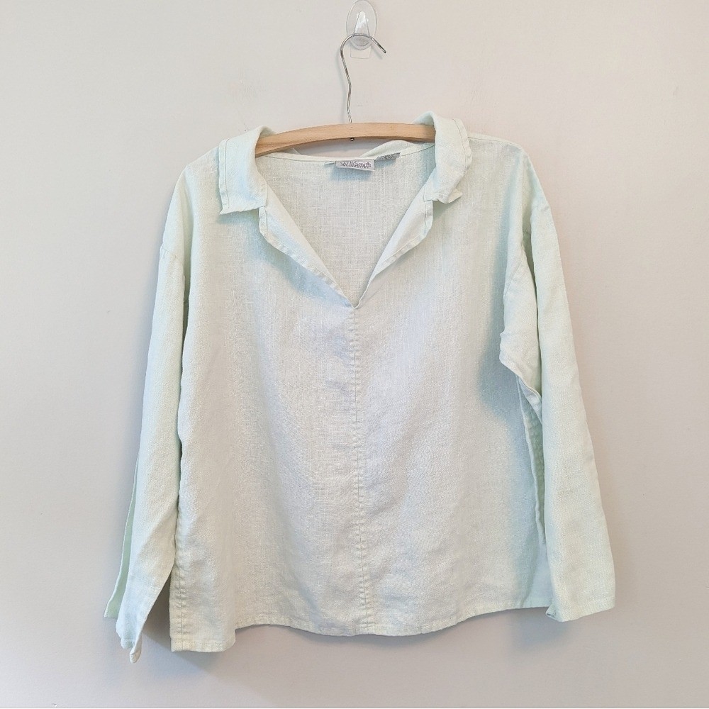 Vintage 90s Minimalist Sea Foam Linen Collared Top Women’s Medium Quiet Luxury