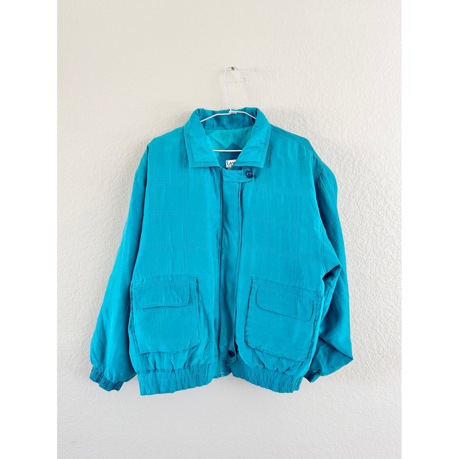 Lavon Silk Bomber Jacket Womens Medium Teal Vintage 80s Grid Stitched Zip Up