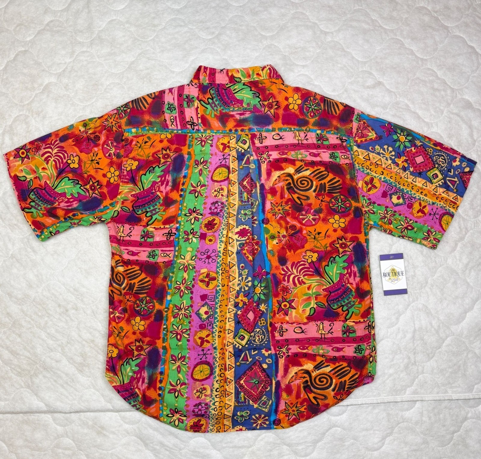 Vtg 90s Company One Cotton Button Up Shirt Shoulder Pads Funky Boho Dopamine Art