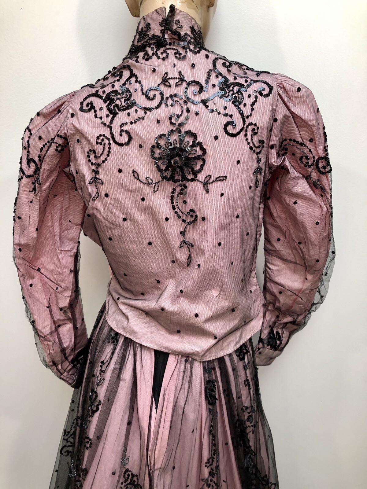 ANTIQUE VICTORIAN Early 1900s GIBSON GIRL PINK+Black JET SEQUIN BEADED 3Pc GOWN