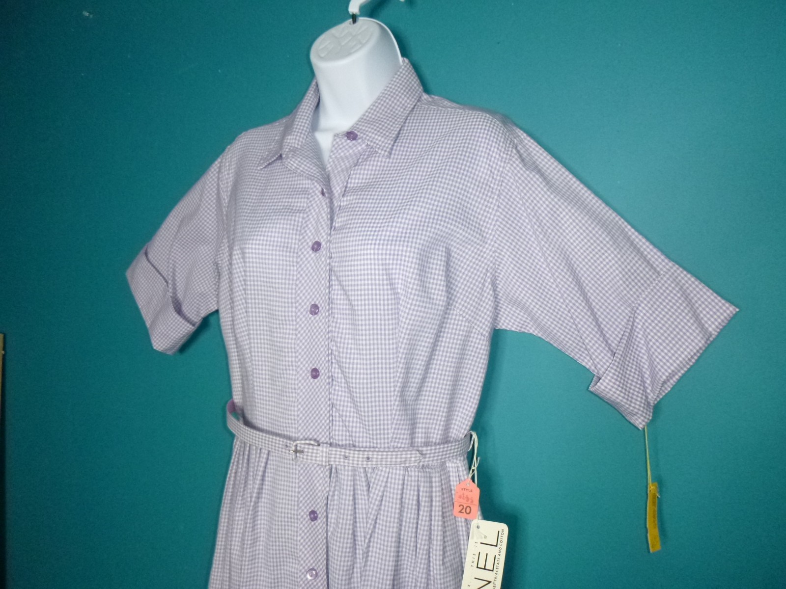 NOS Vtg 60s Shirtwaist Dress Lilac Gingham W/ Belt Sz 20 XL/XXL *VOLUP*