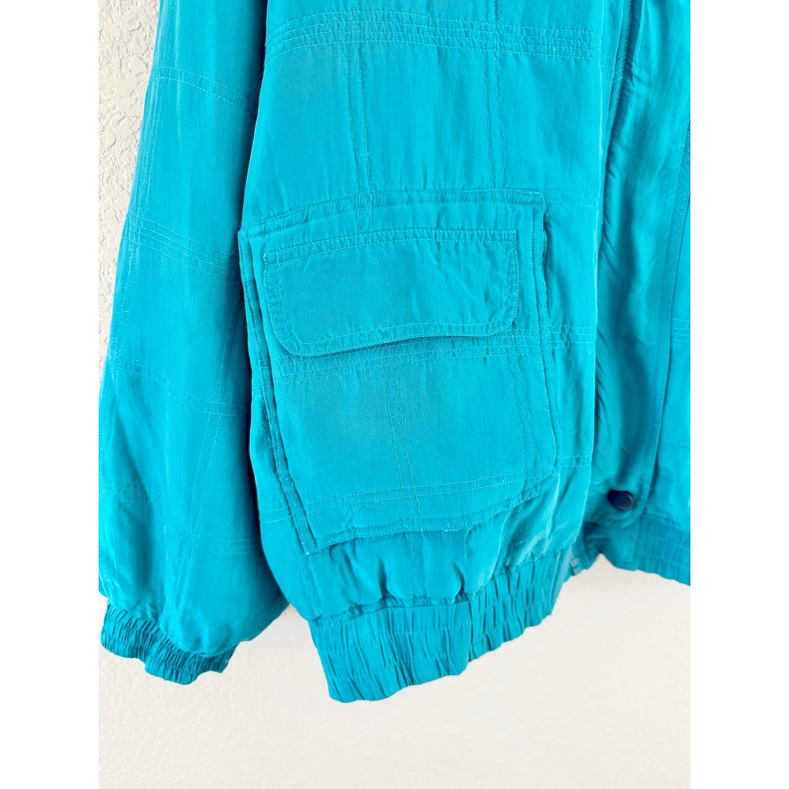 Lavon Silk Bomber Jacket Womens Medium Teal Vintage 80s Grid Stitched Zip Up