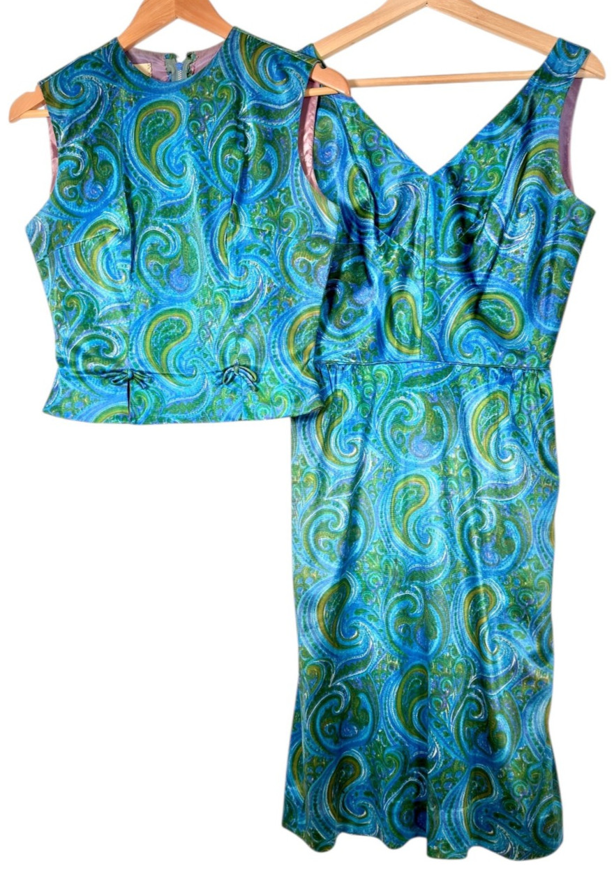Vintage 1960s Selma Washington DC Blue Green Paisley 2 Pc Dress Top Set Sz 6 S