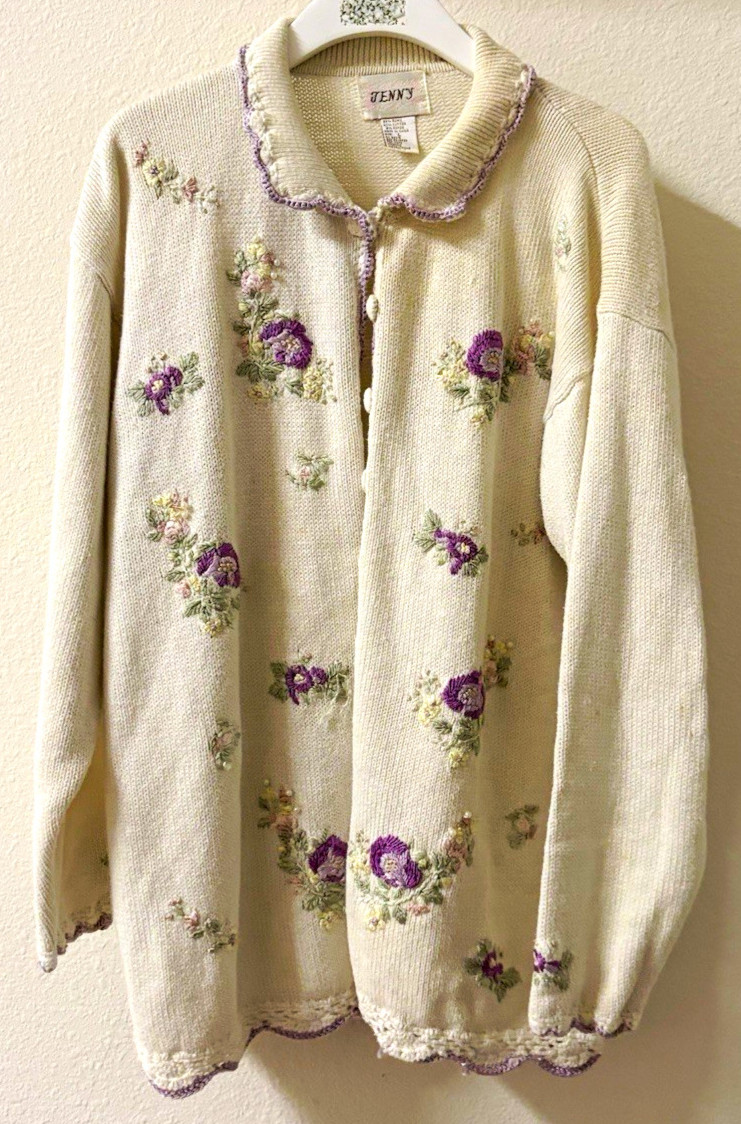 Vintage 90s Jenny White Knit Cardigan Purple Floral Embroid Grannycore Women’s L