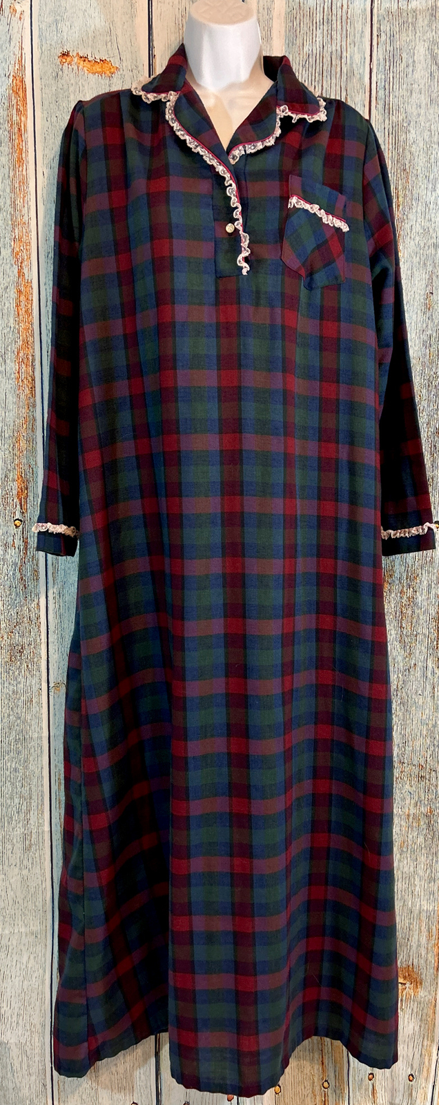 Vintage Plaid Long Nightgown Size Medium Lace Trim Full Length Brandywine