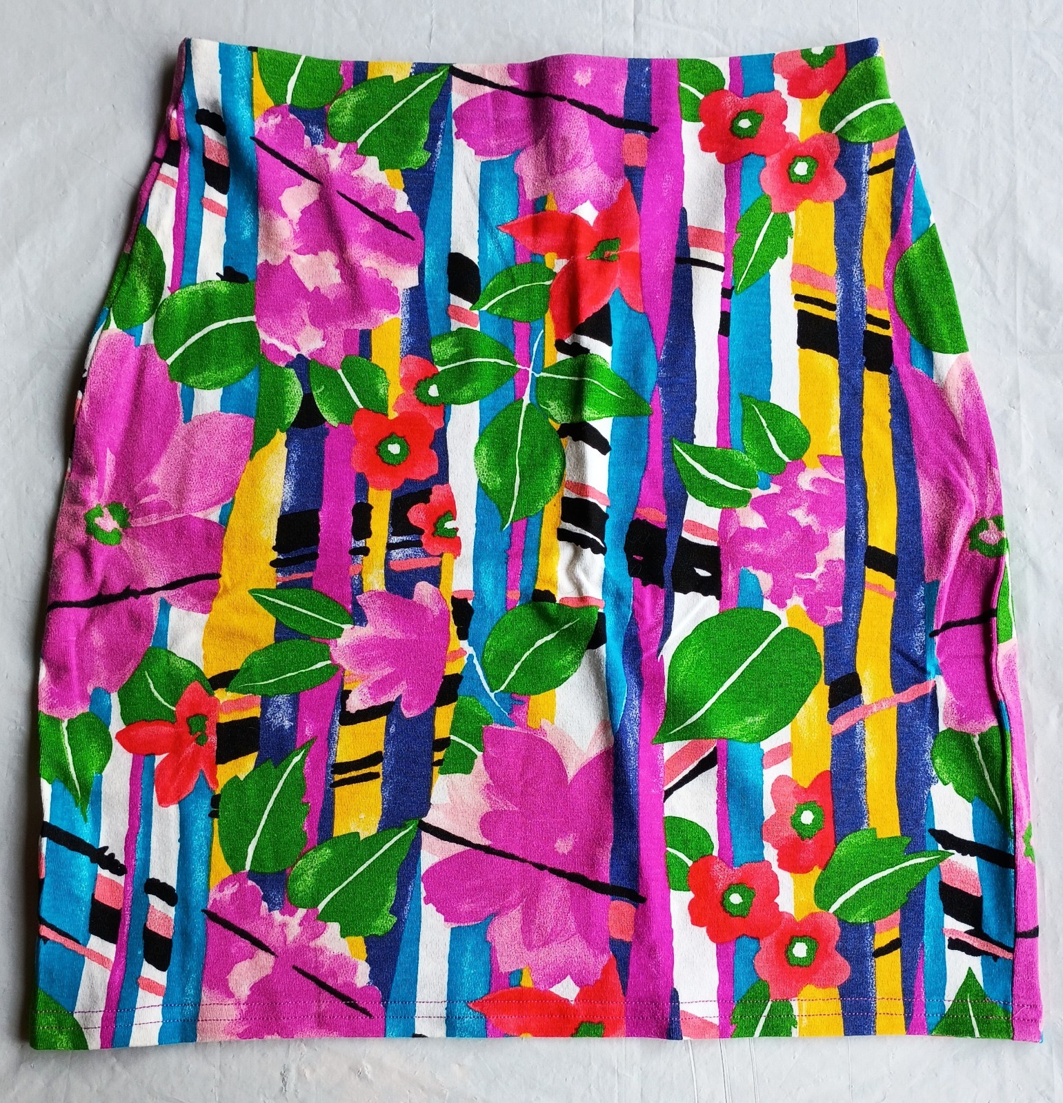 80s 90s Y2K Express Tricot Vivid Floral Stretch Bodycon Skirt Vintage L/3 Large