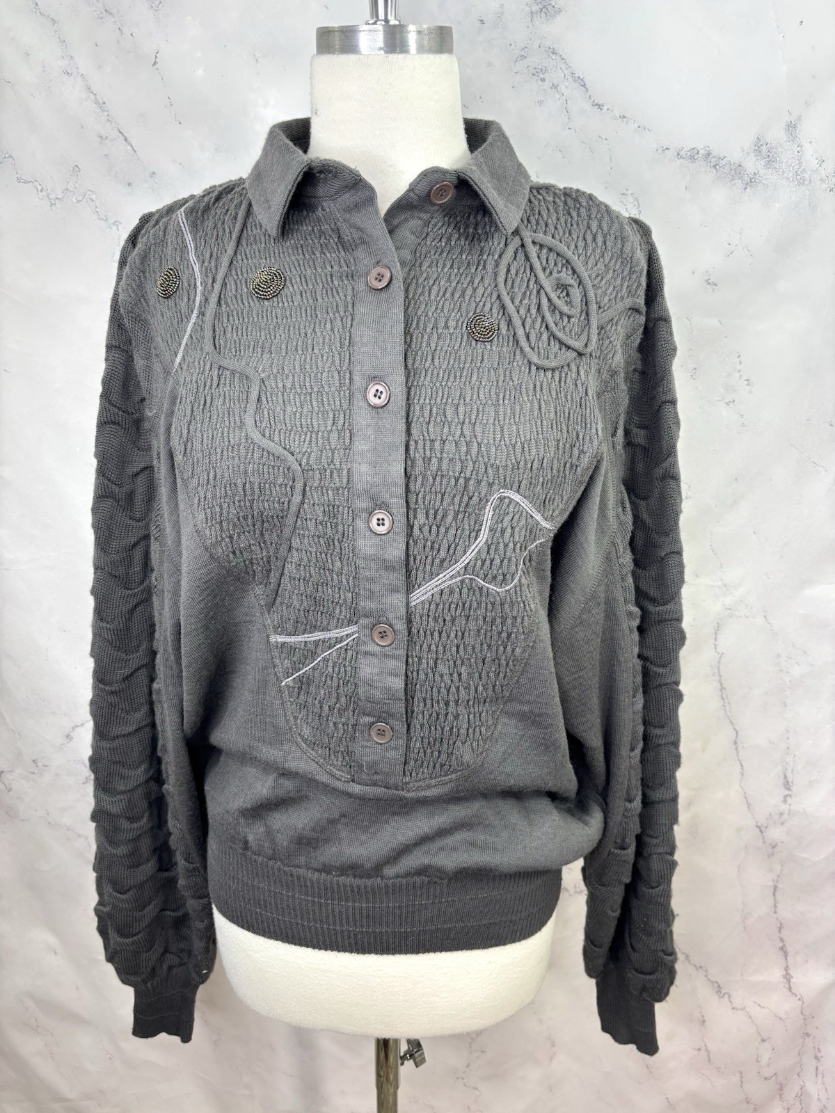 Vintage 80s MARC D’ALCY Paris Henley Sweater Gray Dolman Sleeves Wool Retro sz S