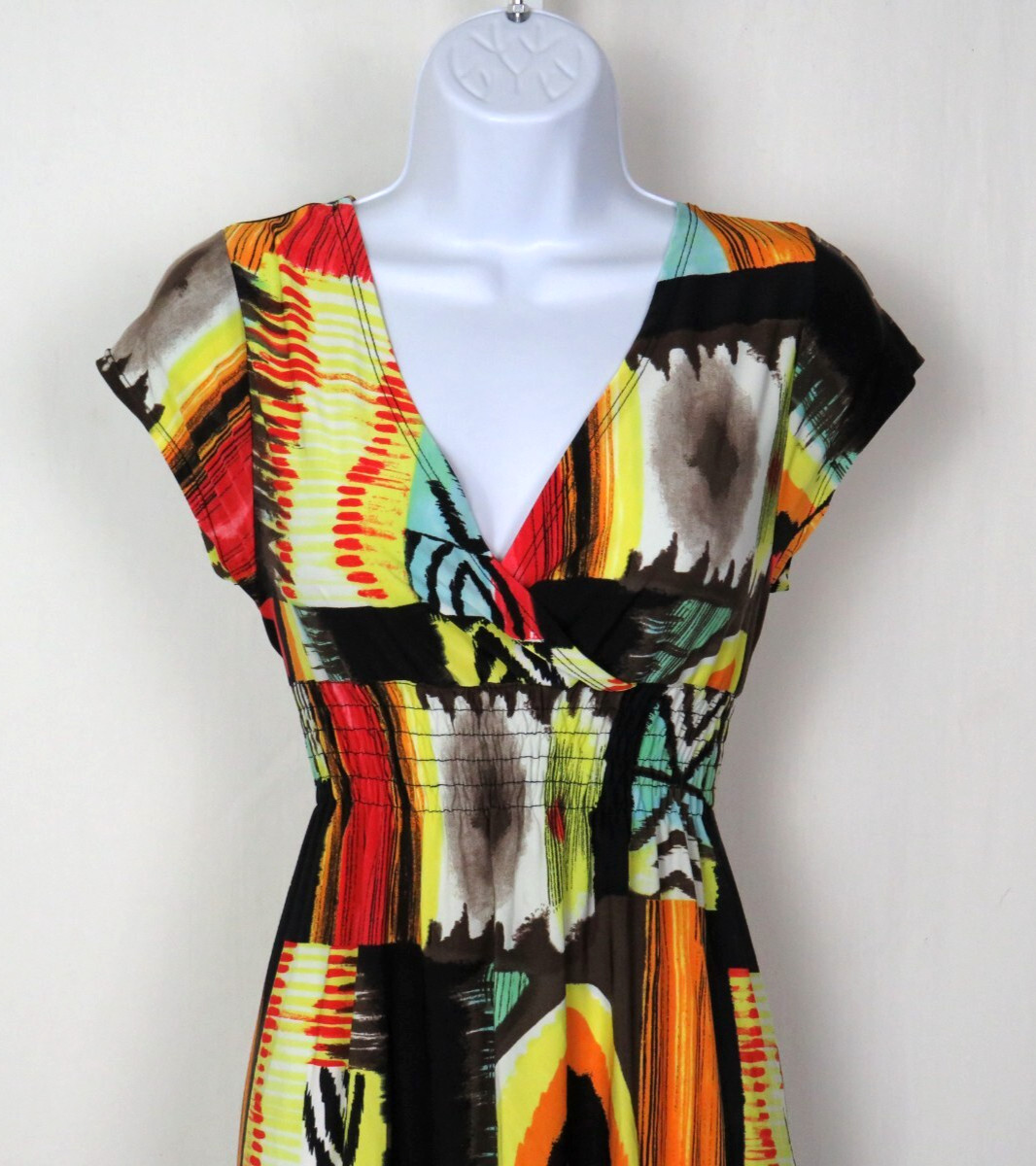 VTG 1990s MOD ABSTRACT COLOR BLOCK STRETCH DRESS OVERLAP BUST 30″ to 36″