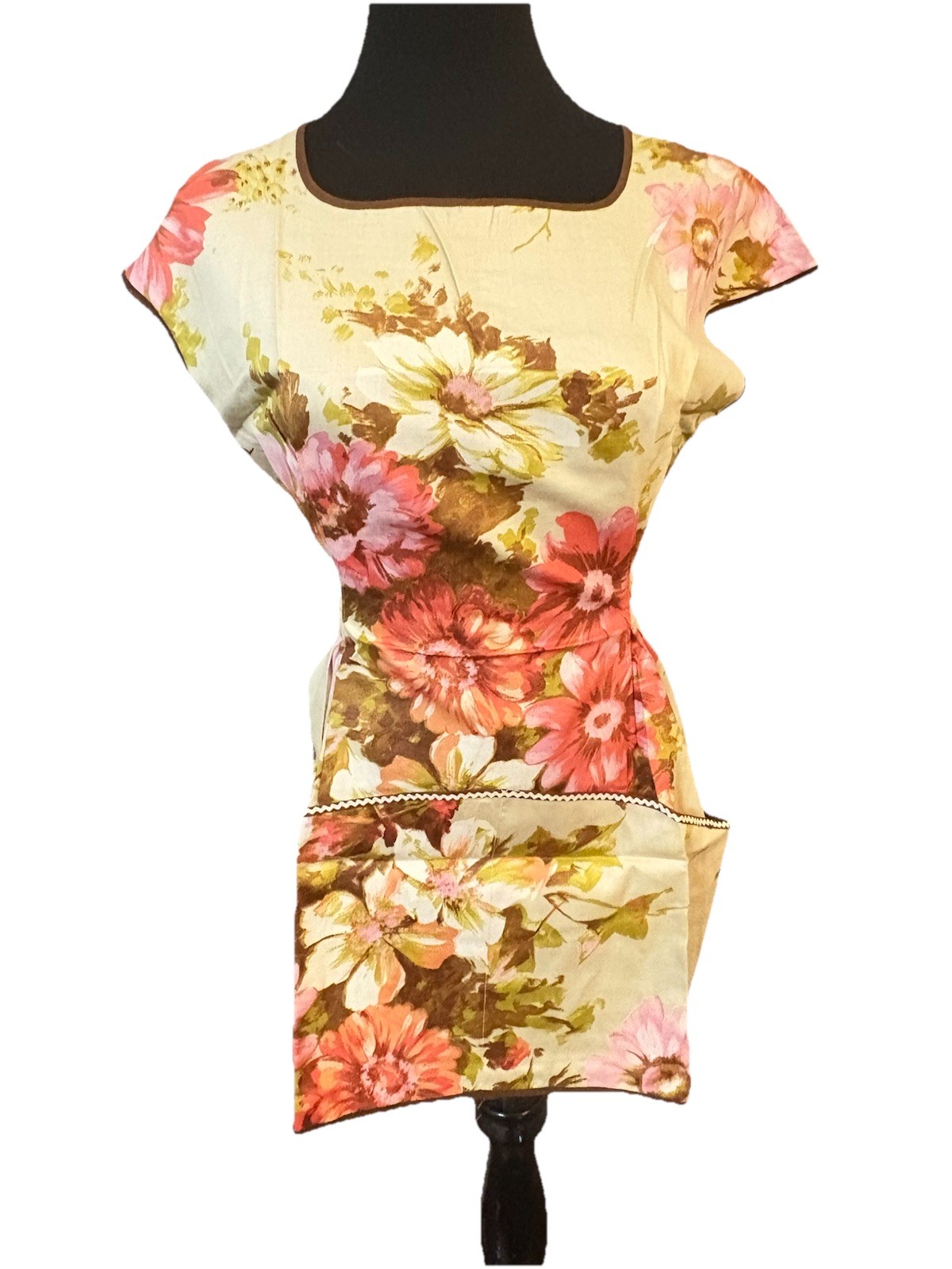 Vintage 60s Floral Kitchen Short Smock Apron Mod Lightweight Front Pockets