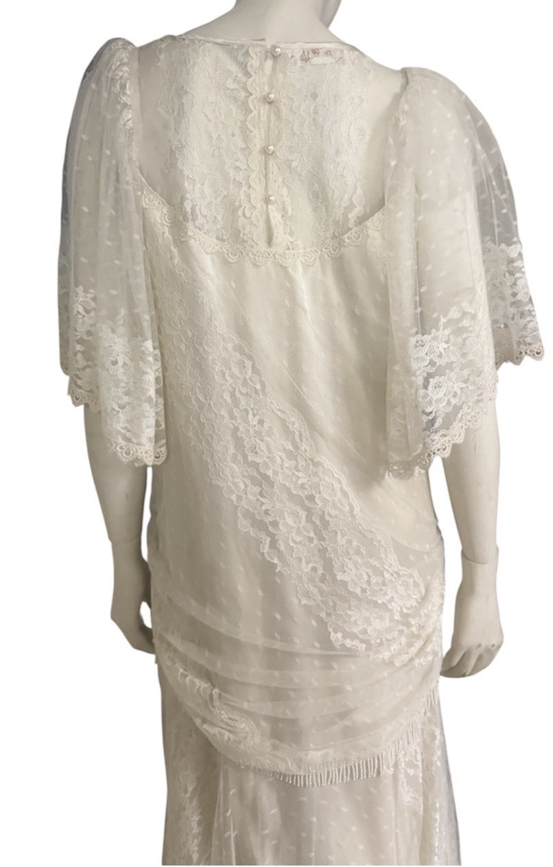 Vintage 80s Lorrie Kabala Lace Dress Bell Sleeve Boho Bridal New Size S M 8 Prom