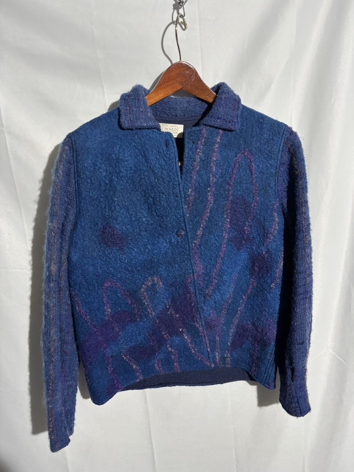 Vintage Romlin Designs Sz M Art to Wear Blue Wool Jacket Lopez Island Felted