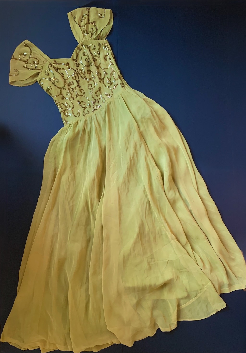 Vintage 1930s Princess Chartreuse green /yellow Chiffon & sequin Gown long Dress