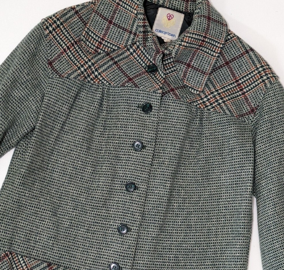 Vintage College Town Green Houndstooth Wool Blend Coat Size Small 1970s 1960s