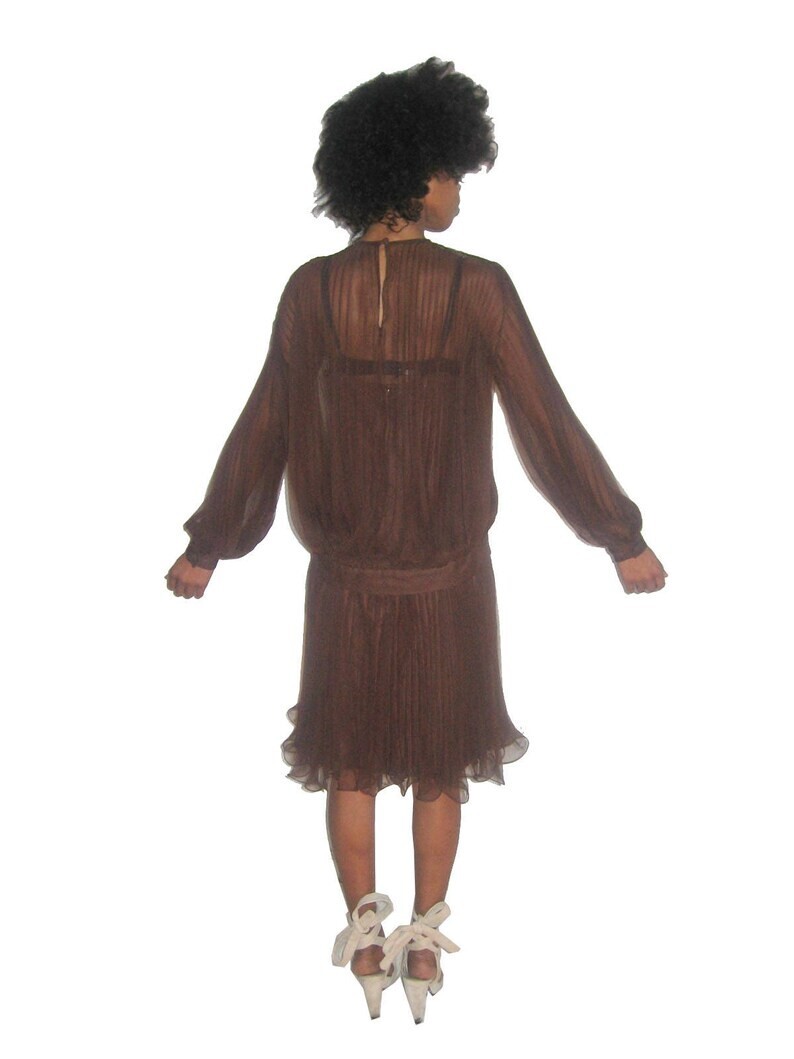 VTG Brown Organza Pleated Blouson Tie Waist Tunic Strappy Dress 2pc Ensemble 12