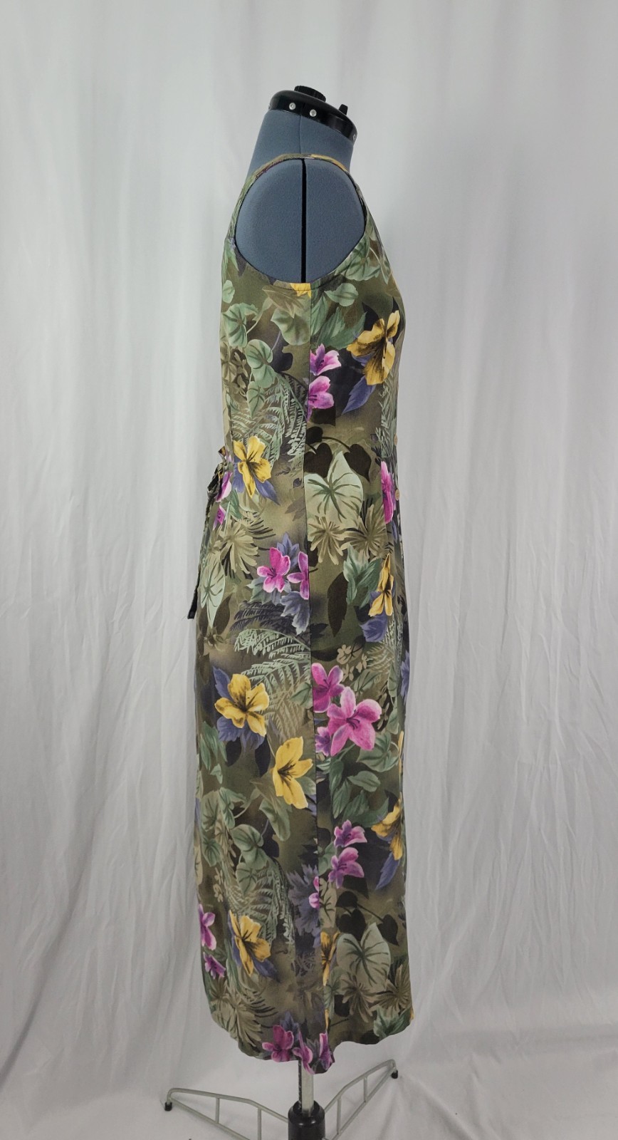 Vintage Erika Mossy Green Floral Sundress w Button Down Front Size Med Petite