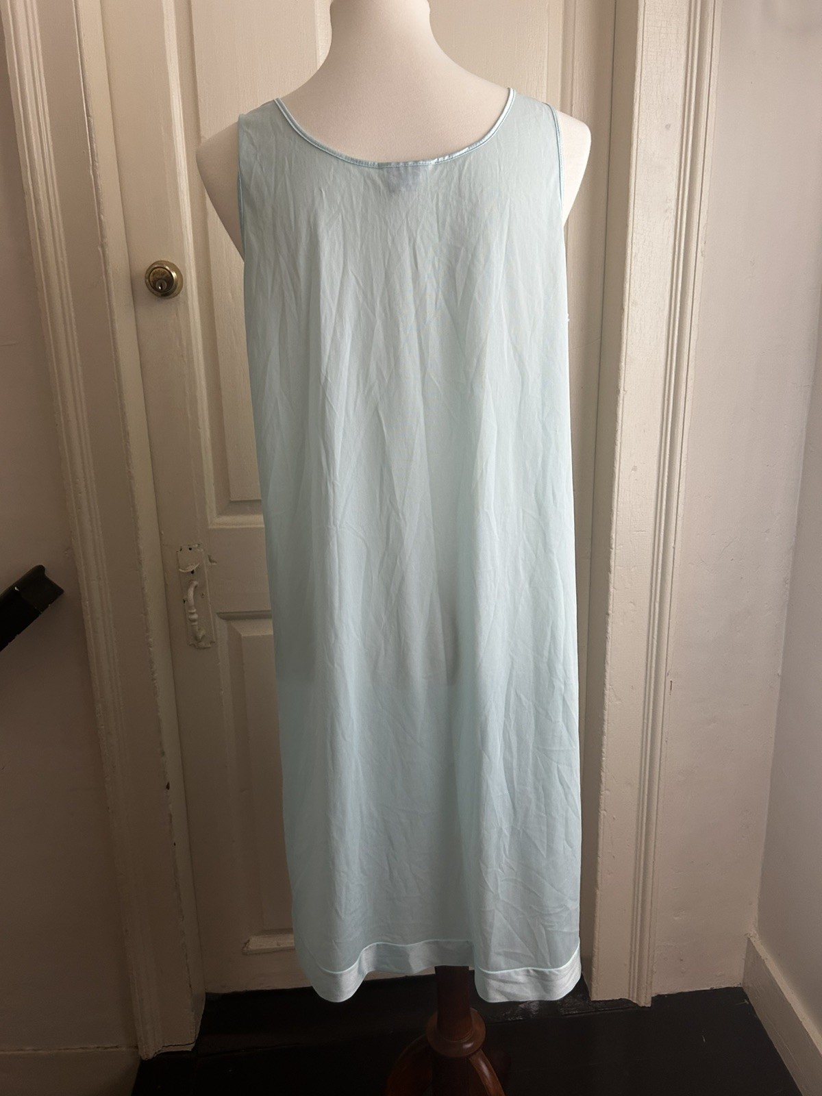 Vintage 1970s Vanity Fair Blue Sleeveless Nylon Chemise Nightgown Ruched Medium