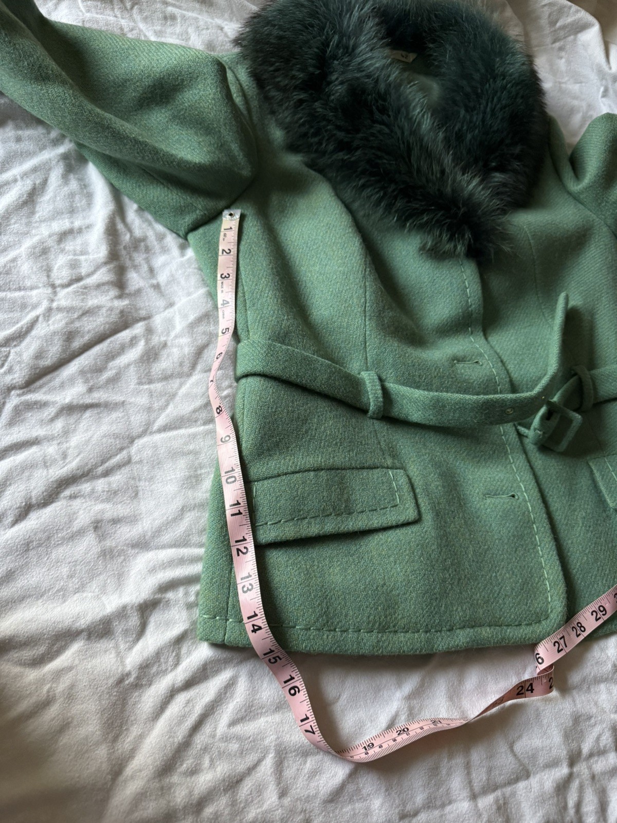 Vintage 1970s Canda Couture Pure Wool Skirt Suit Aqua Fur Collar Belted Sz 10/12