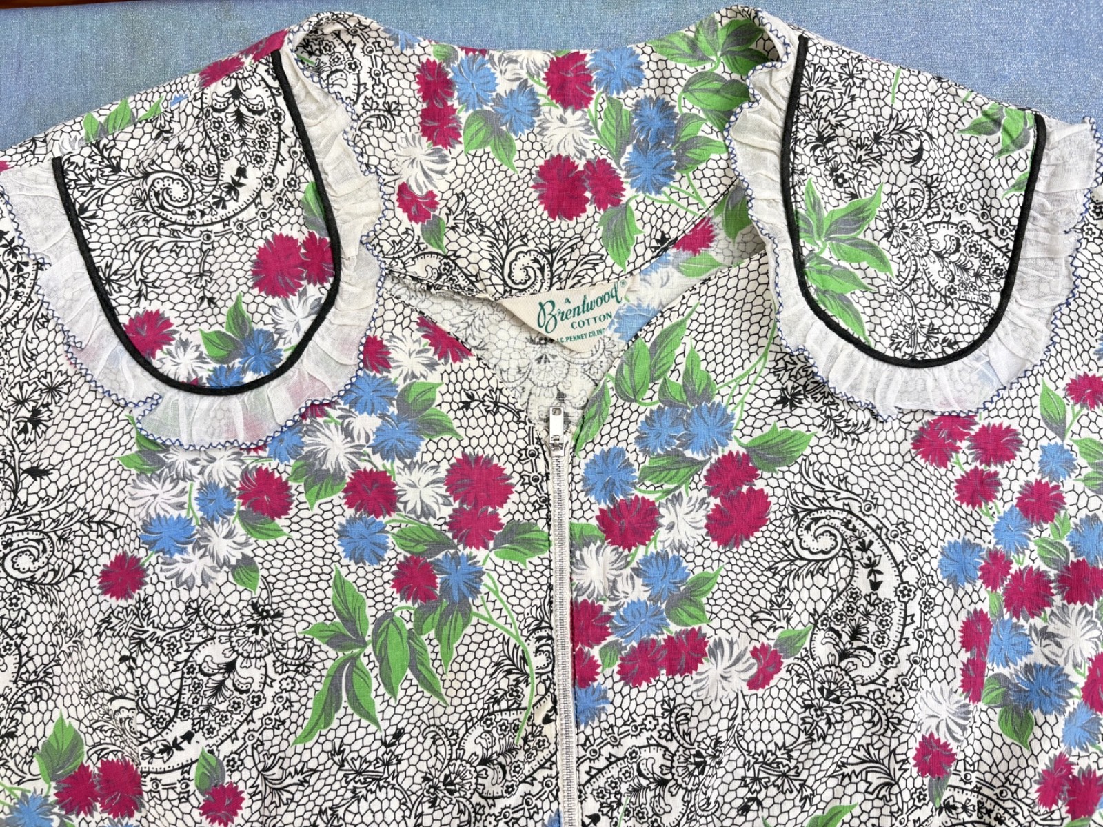 Vintage 40s 50s Zipper Day Dress Volup Novelty Cotton Pouf Sleeve Ruffle XL 2XL