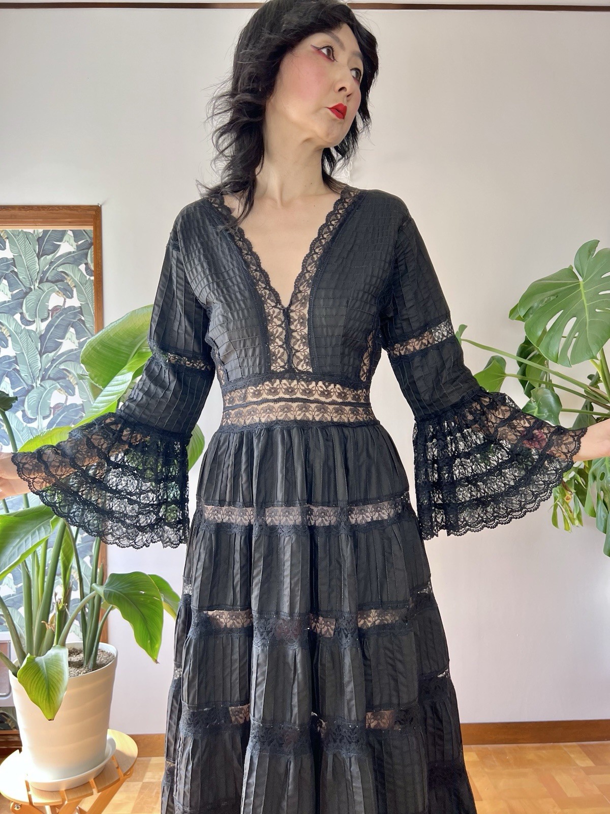 VTG 60s Mexican Wedding Dress Black Lace Pintuck Bell Sleeve Maxi S/M Boho Hippy