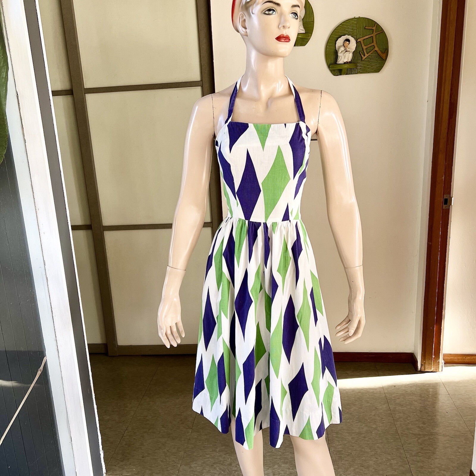 1950s or 60s vintage harlequin print cotton halter sun dress 27w