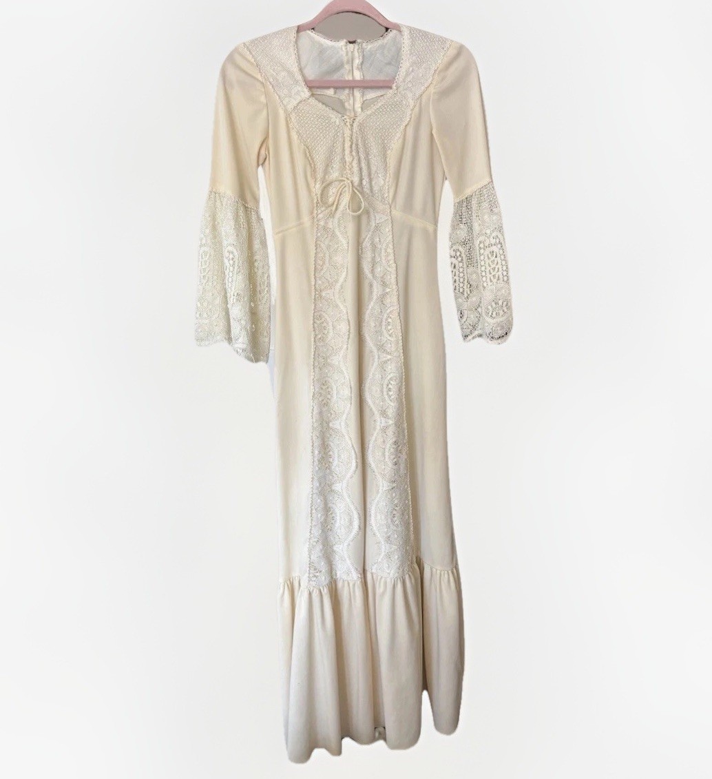 70s Empire Waist Renaissance Maxi Dress Corset Bust 2/4 Lace Flutter Sleeves