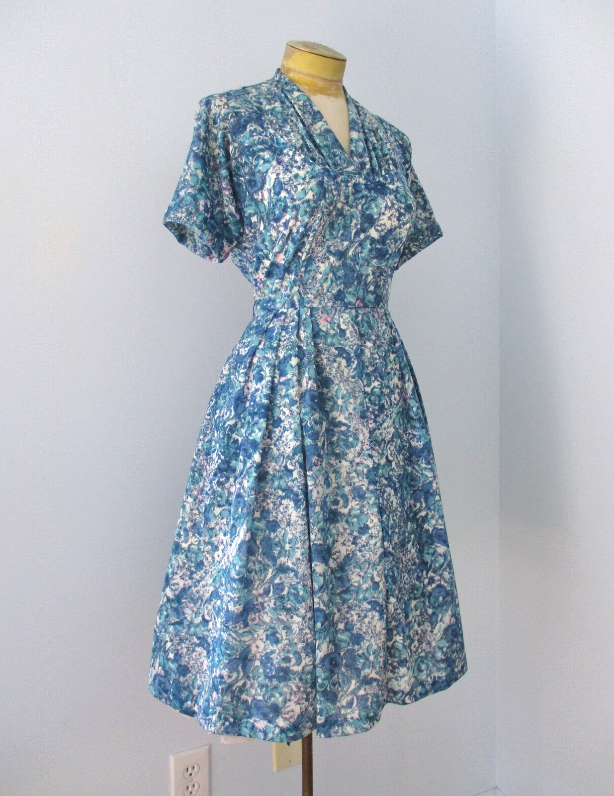 Vtg 50s 60s Blue Pink Abstract Silky Knit Rockabilly Swing Dress Nelson Caine M