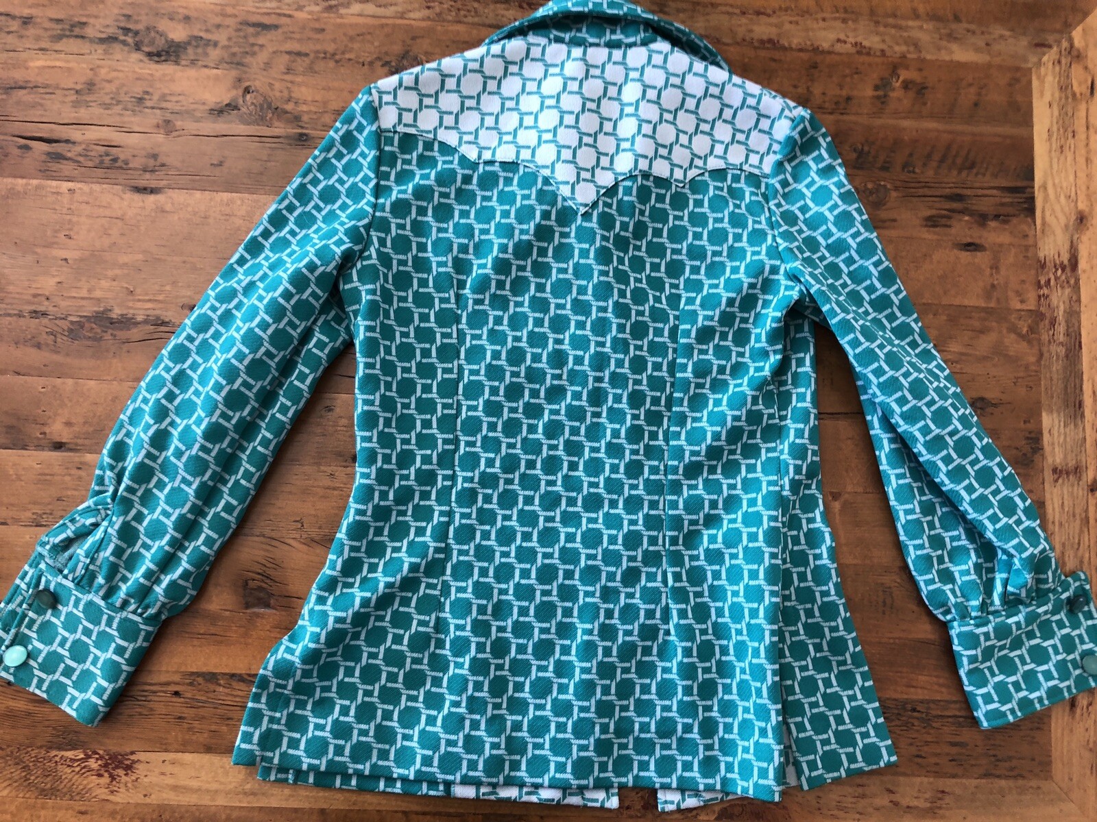 Vintage 60s 70s Panhandle Slim Womens Size 12 Western Shirt Green & White Links