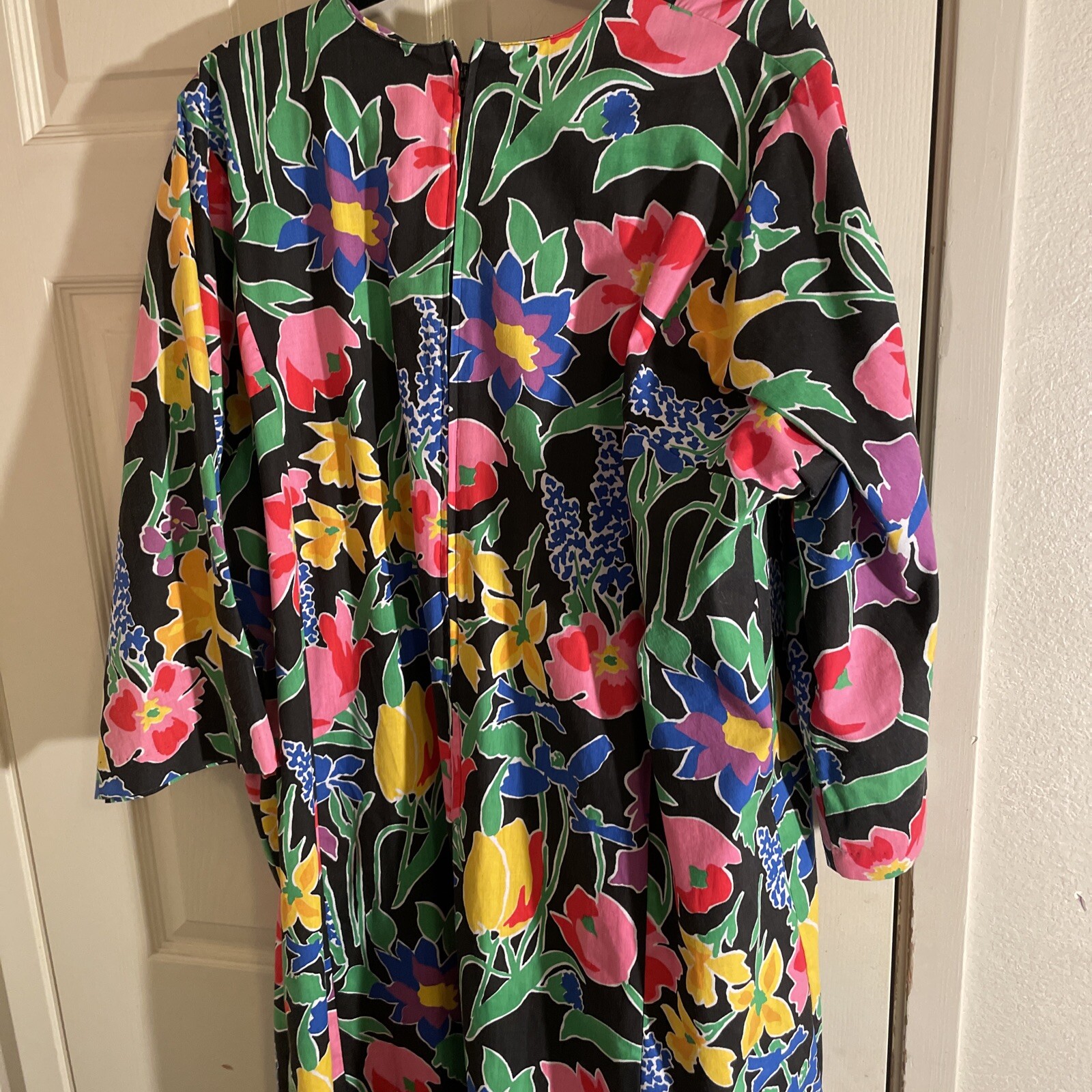 Vintage 70s 80s David Brown, Black Multi Color Flower Hawaiian Print Dress L