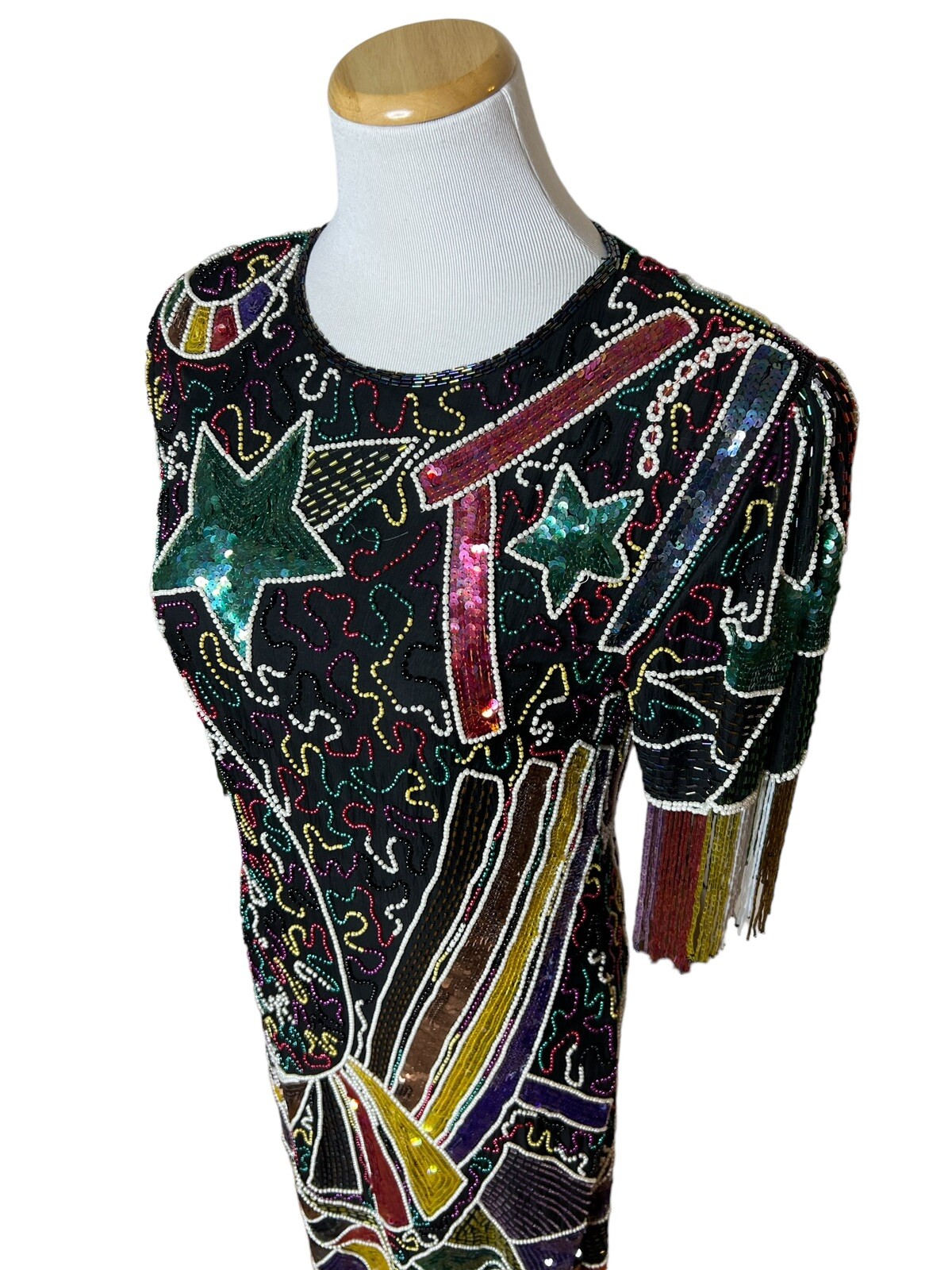 Vintage Beaded Sequin Party Dress Art Deco to Wear 80s Abstract Black Silk Sz S