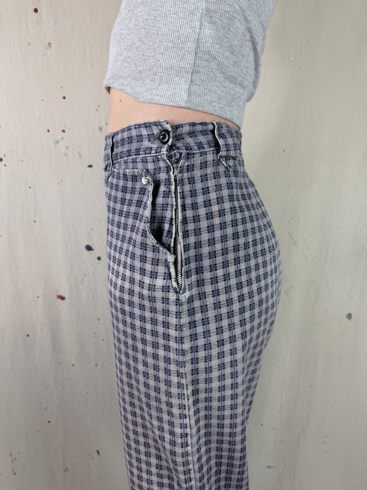 Vintage 50s Plaid Pants Side Zip 29” Trousers Pearl Snap Rockabilly