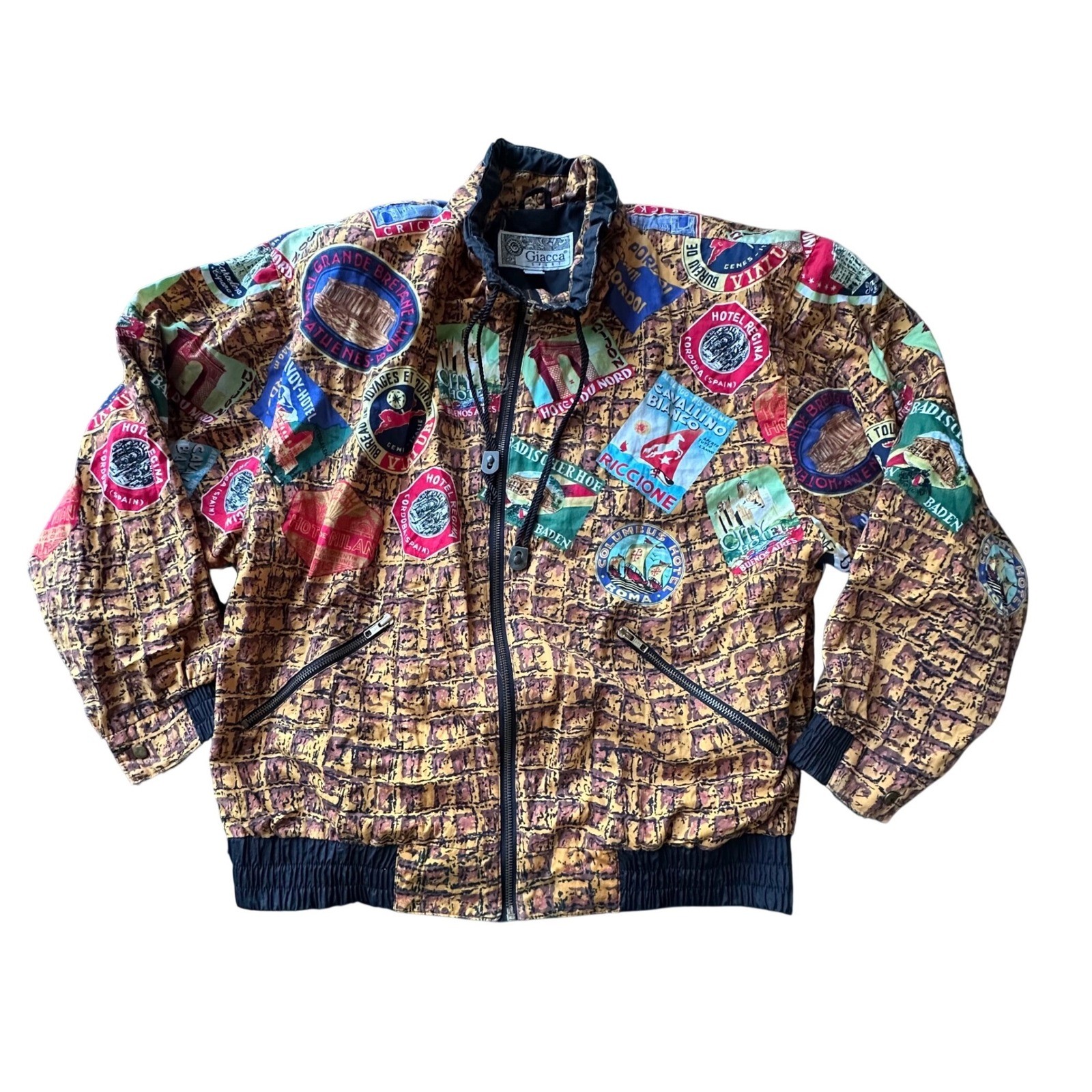 Vintage Giacca Sport Travel Stamp Novelty Print Bomber Jacket Womens Medium Zip