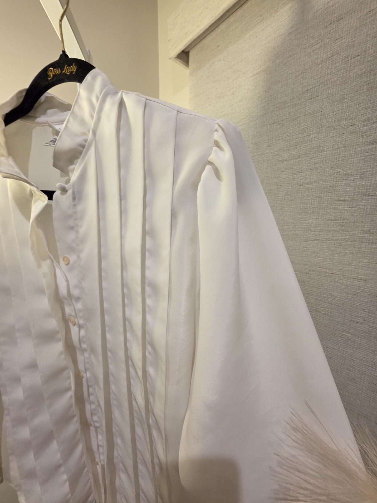 VTG Satin White High Collar Tuxedo Style Victorian Look Blouse Sz. 12