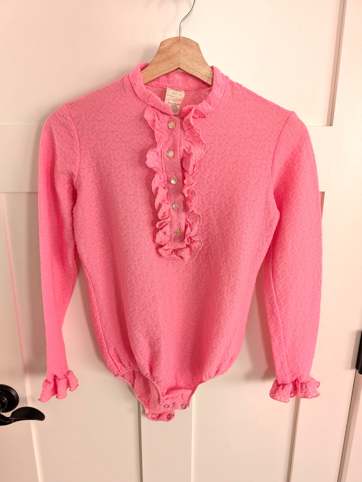 Vintage Pink Ruffle Leotard Blouse Dancer Ballet Sweater Womens M Kawaii 60s 70s