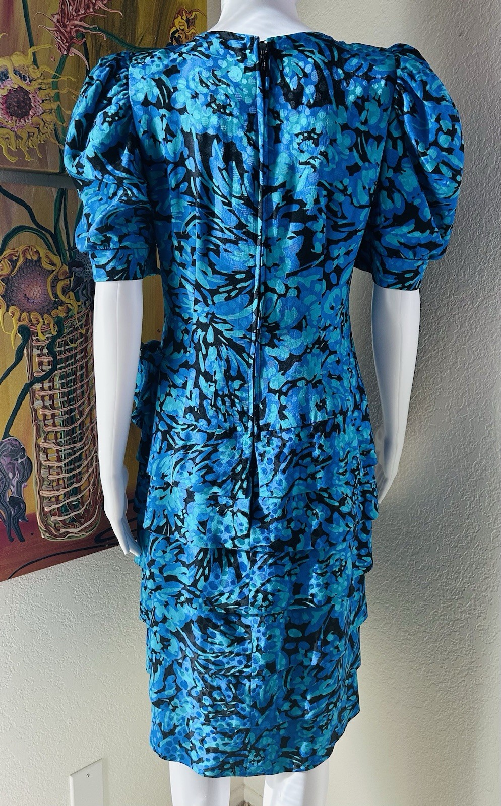 A.J. Bari Blue Floral Print Tiered Dress Bow 80s Vtg Sz 12 See Measurements