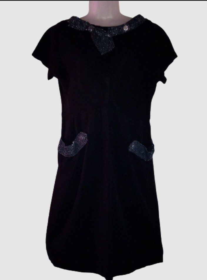 Vintage 40s Black Rayon Rhinestone Dress Metallic Net Collar Pockets Side Zip L