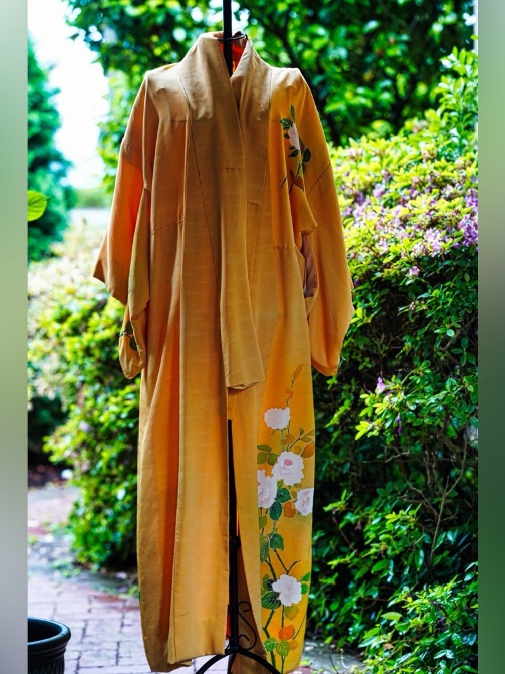 Vintage Hand-Painted Marigold Yellow Floral Long Robe / Duster