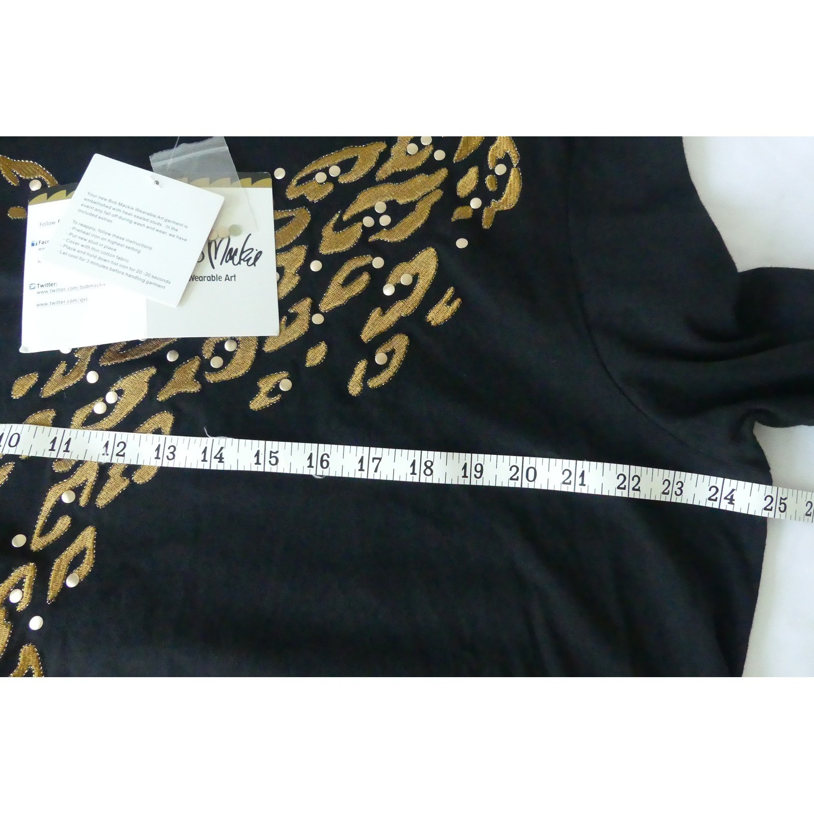 Bob Mackie Wearable Art Black Gold Leopard Embroidered Studded Top XL Cotton NWT