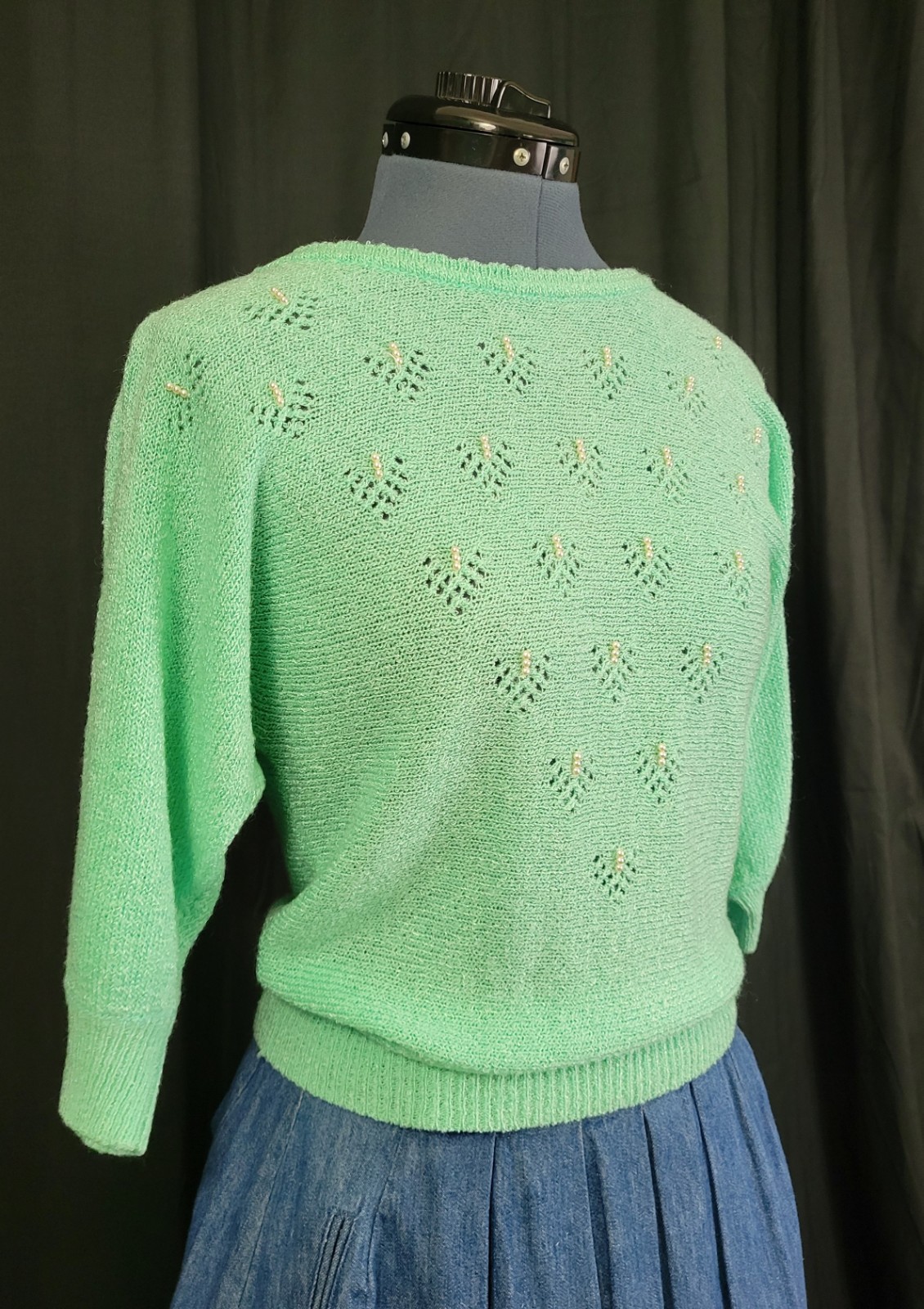 Vintage Jean Nicole Lightweight Mint Green Sweater w Pearl Accents Size S