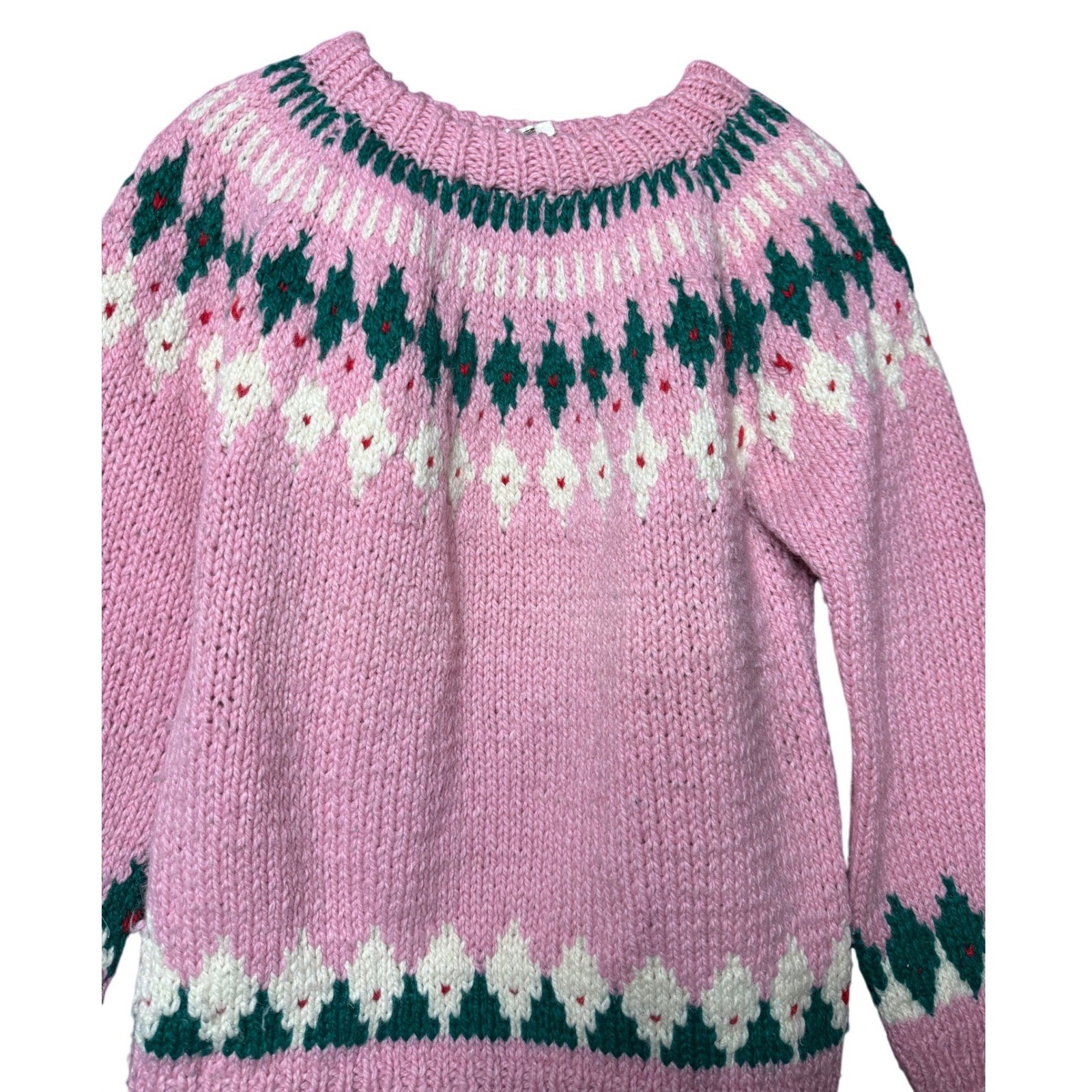 Handmade Greece Women NA Pink Wool Fair Isle Sweater Knit Geometric Scandinavian