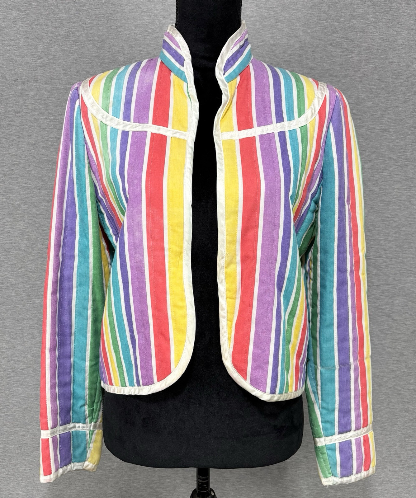 70s Quilted Rainbow Jacket Size Small Open-front Colorful Pride Vintage Pockets