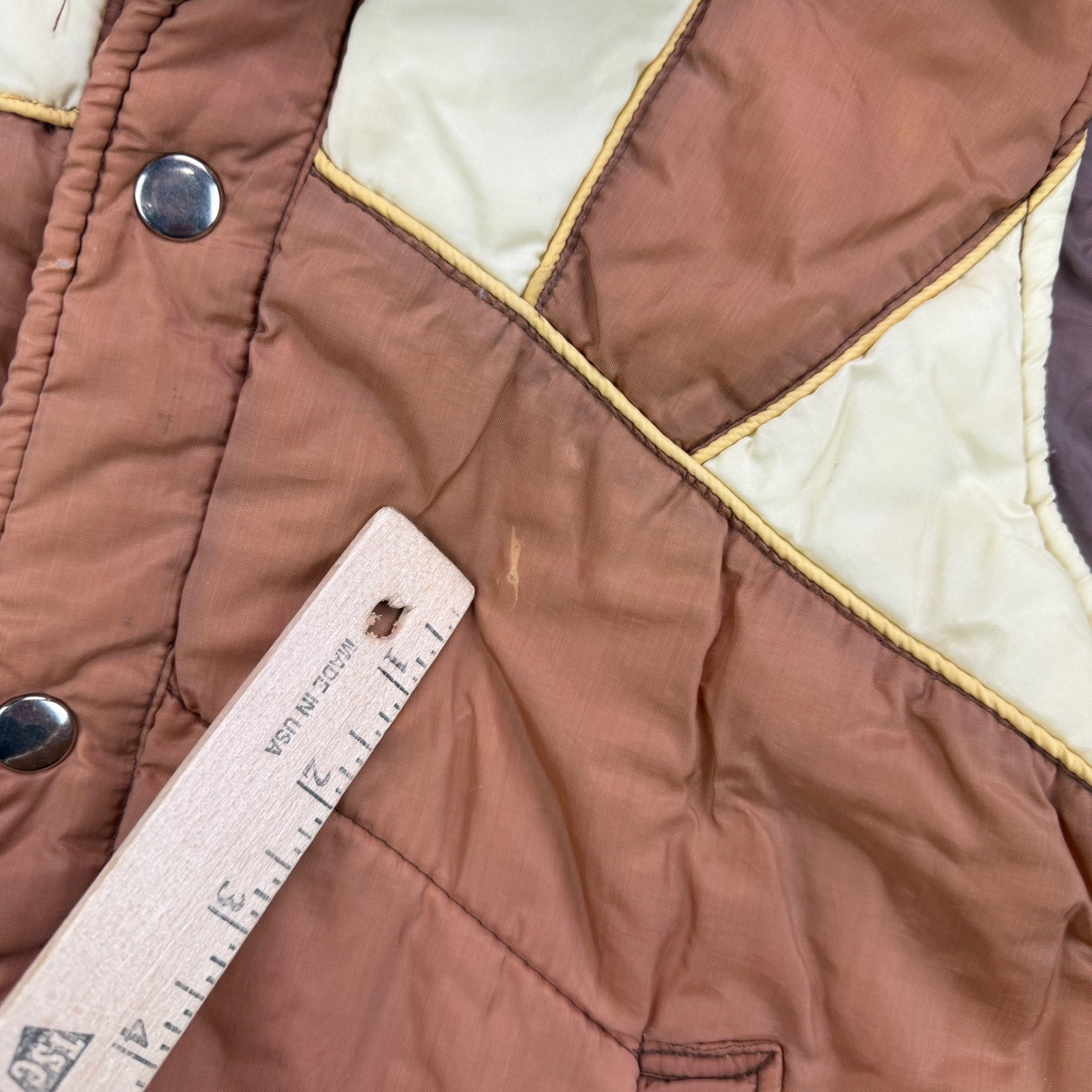 Vintage Sigallo Puffer Vest Brown Tan Colorblock Quilted Retro 70s Womens Large