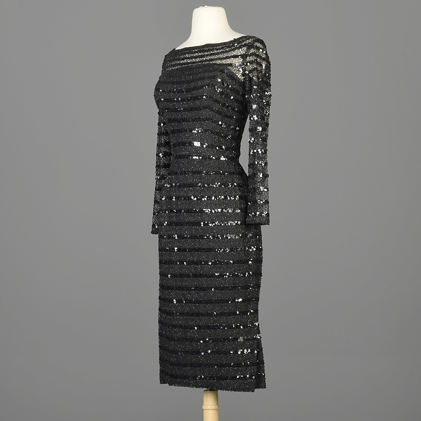 XXS Vintage 1960s 60s Ceil Chapman Long Sleeve Sequin Little Black Dress LBD