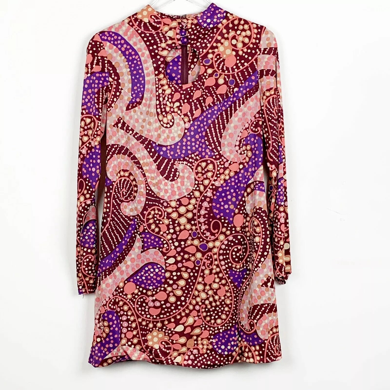 Corky Craig Mini Dress Small Pink Maroon Paisley Long Sleeves Short Vintage