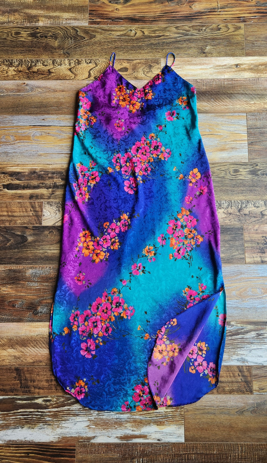 Vintage Y2K Circa 2000 USA Floral Satin Maxi Slip Dress Straps Multicolor Sz.M