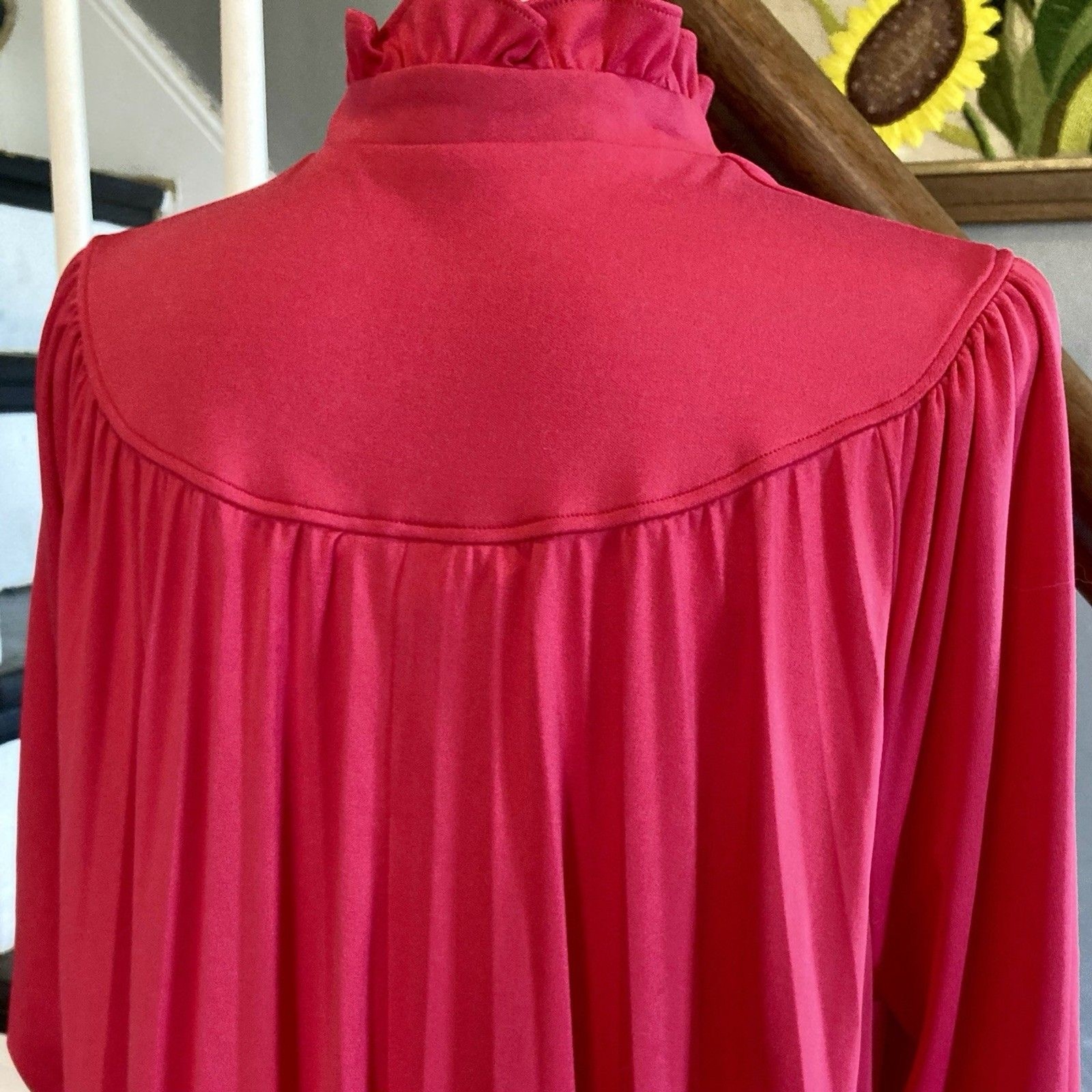 1970s 1980s Knit Lounge Trapeze Dress Hot Pink Fuchsia Pleated Tent Dress