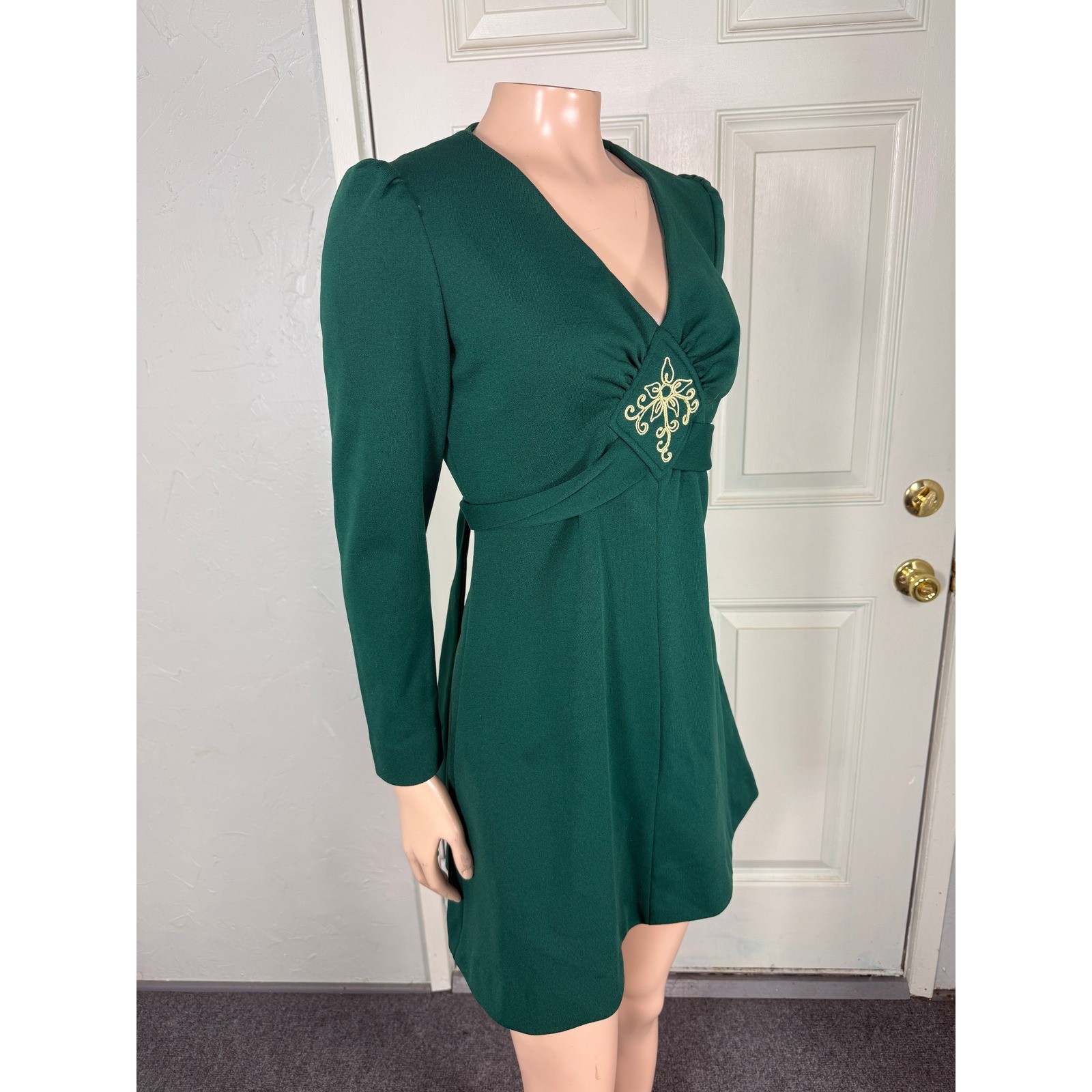 Vintage 70s Allegra New York Dress Embroidered Polyester Knit Party Long Mini E1